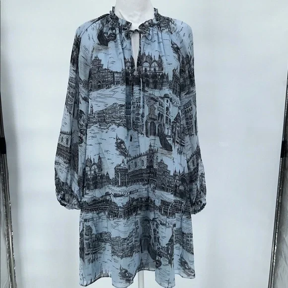 Derek Lam - Pale Blue & Black Toile Print Chiffon Dress Sz 8 - Picture 3 of 10